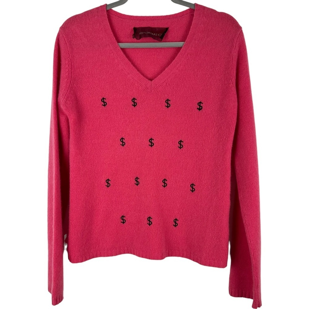 Reformation Sz XS/S Women's Pink Dollar $ Sign Vneck‎ Sweater